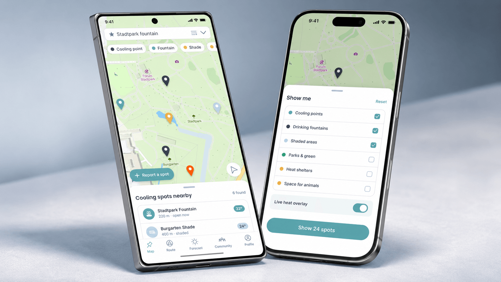 Two phone mockups: the cooling-spot map centred on Stadtpark with cooling point, fountain and shade filters and a nearby-spots list, next to a filter panel for cooling points, drinking fountains, shaded areas, parks, heat shelters and a live heat overlay toggle.