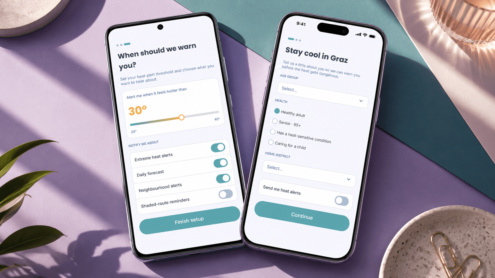 Two phone mockups: the notification threshold screen asking 'When should we warn you?' with a 30 degree alert slider and toggles for extreme heat alerts, daily forecast, neighbourhood alerts and shaded-route reminders, next to the 'Stay cool in Graz' risk profile screen asking for age group, health condition and home district.