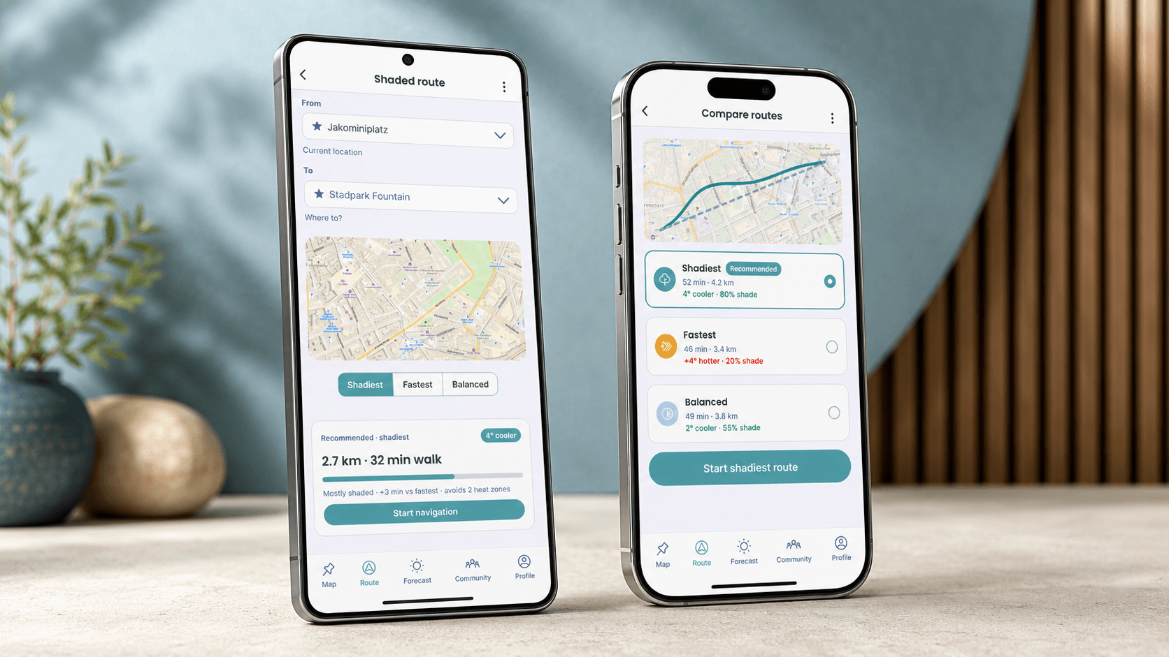 Two phone mockups: the shaded route screen from Jakominiplatz to Stadtpark Fountain recommending the shadiest option at 2.7 km and 32 minutes, next to a route comparison screen ranking Shadiest, Fastest and Balanced by time, distance and shade percentage.