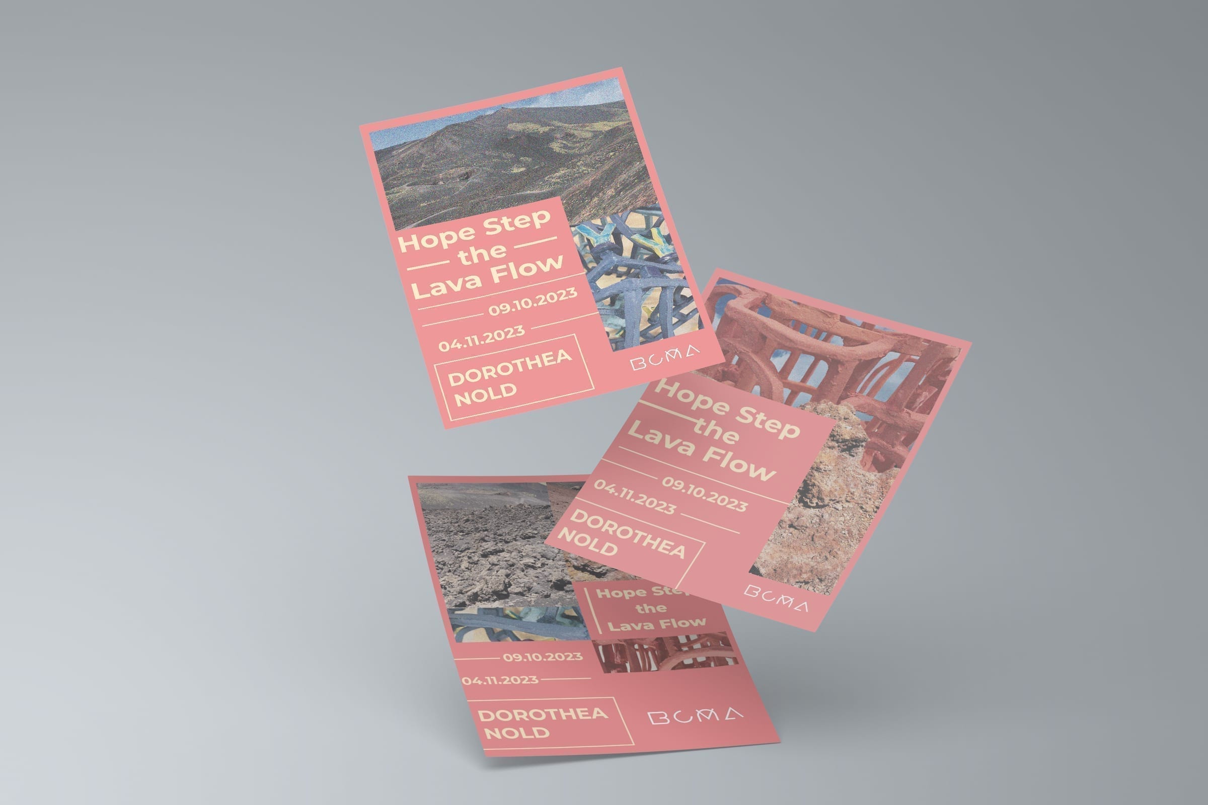 Stack of flyers caught mid-fall, showing both sides of the print piece.
