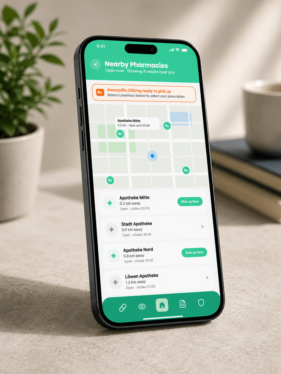 MedPass nearby pharmacies mockup on a standing phone, showing location map and pharmacy list.