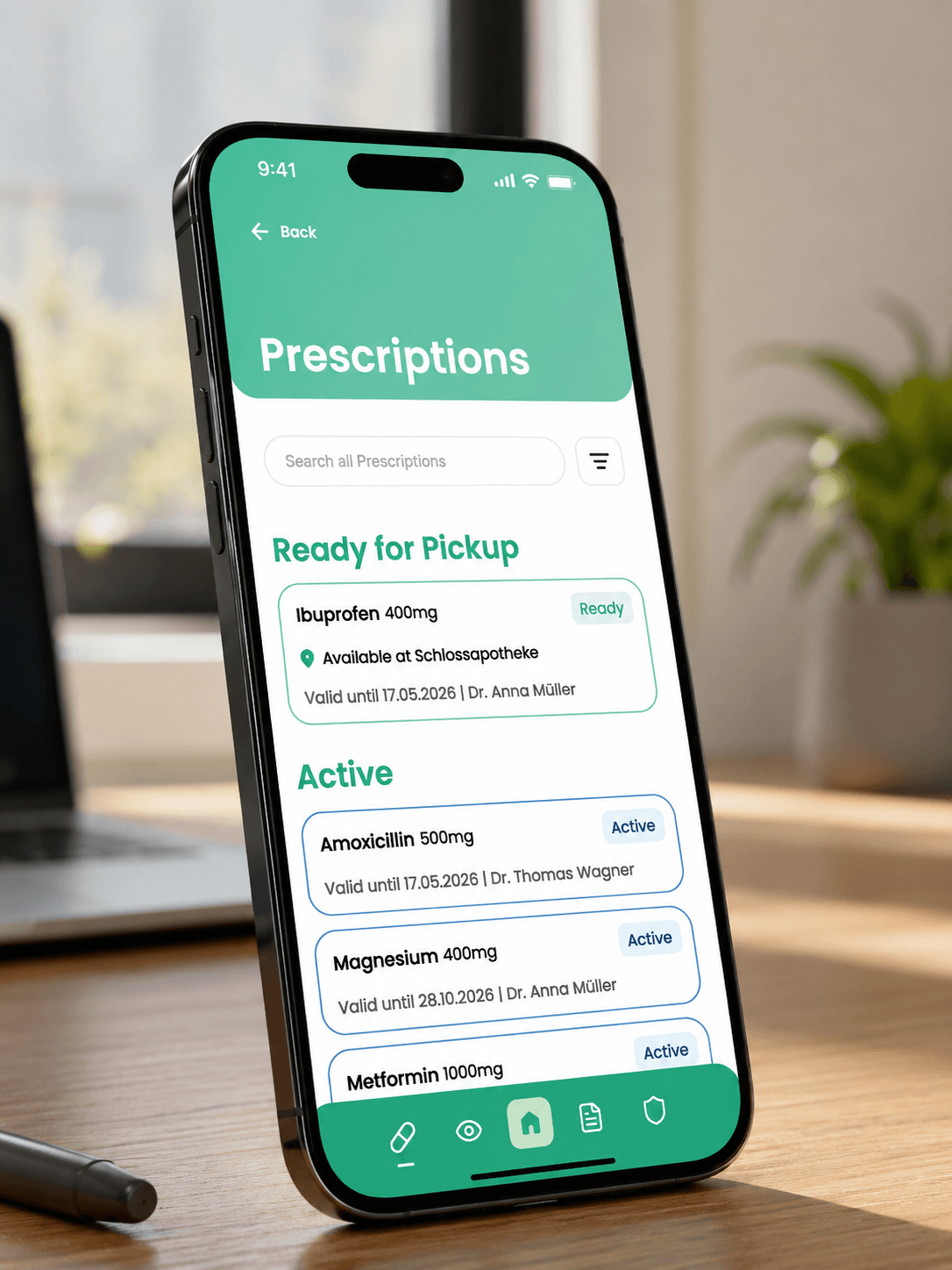 MedPass prescriptions mockup on a phone, showing ready-for-pickup and active prescription cards.