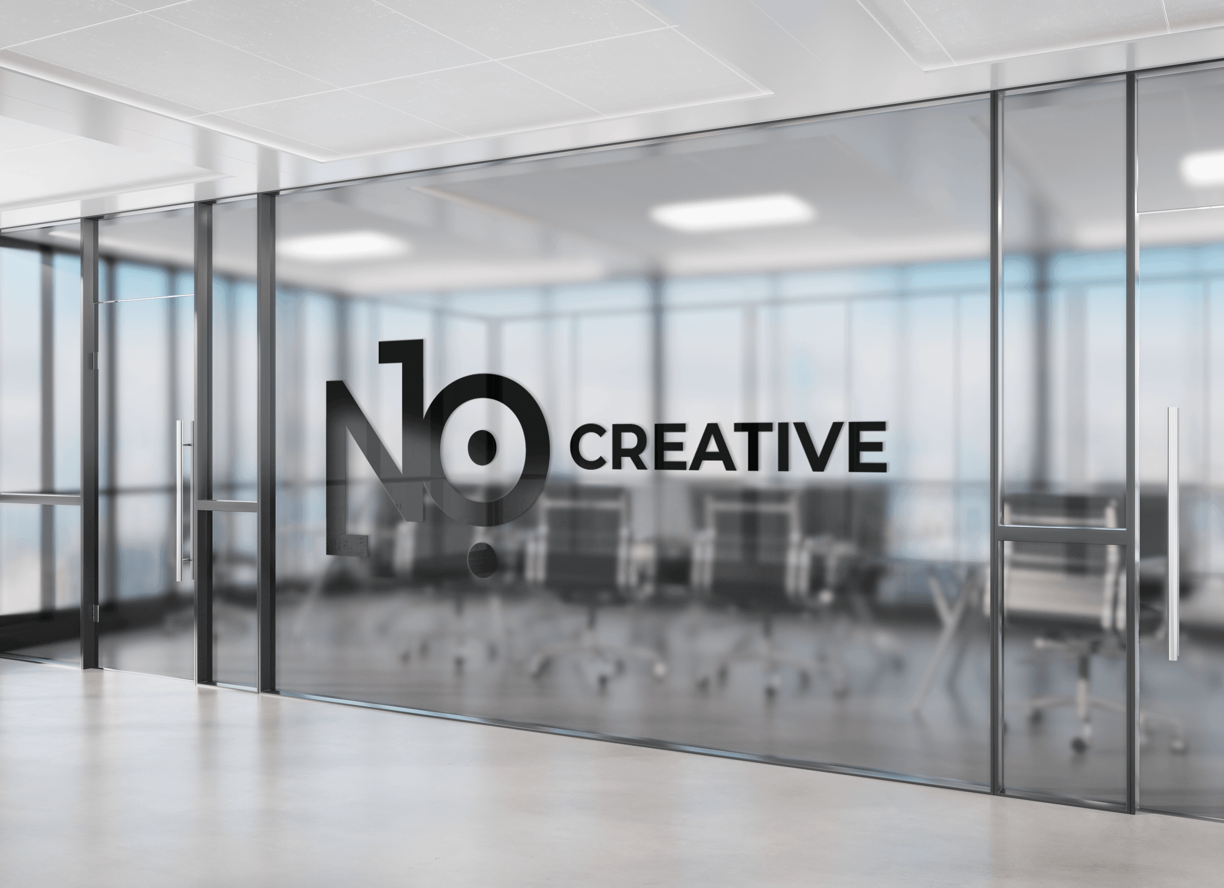 NO:118 Creative environmental graphic, logo applied to office glass wall with workspace visible behind.