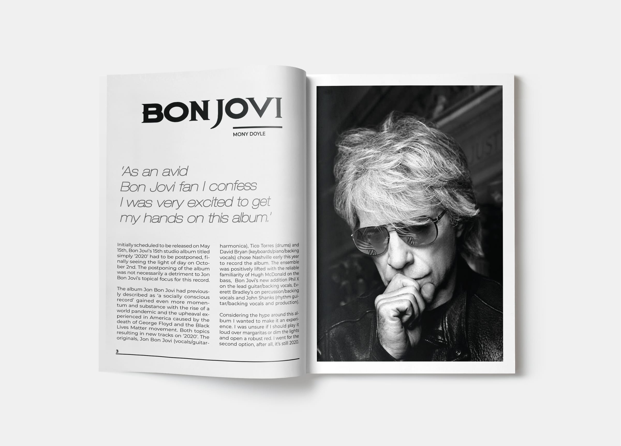 Magazine spread with Bon Jovi feature, portrait photograph opposite text column.
