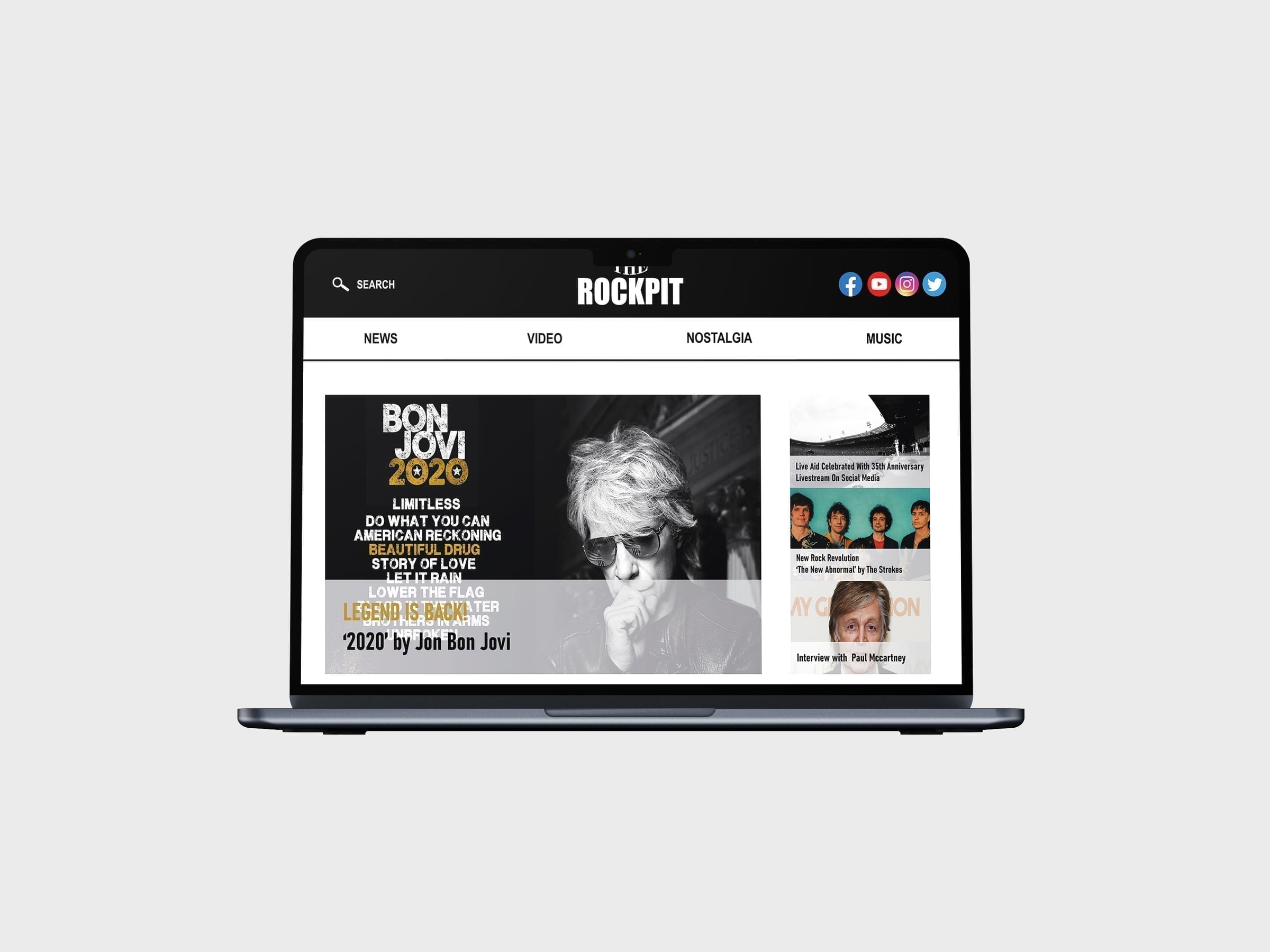 Website homepage mock-up shown on a laptop, The Rockpit header, article cards in a dense grid.