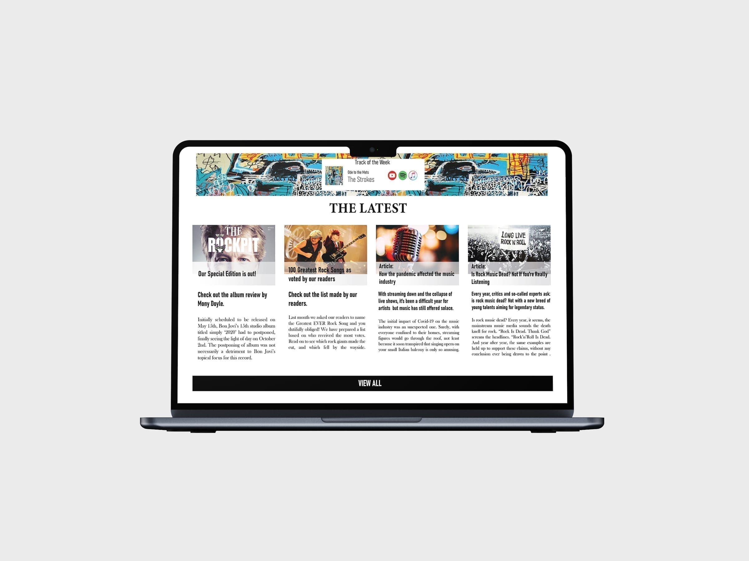 Website article page on laptop, long-form layout matching the magazine's typographic rhythm.