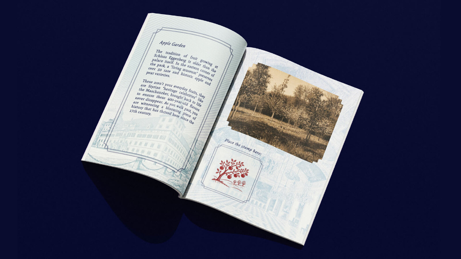 Open Schloss Eggenberg passport spread showing a text page, historic photo and stamp area.