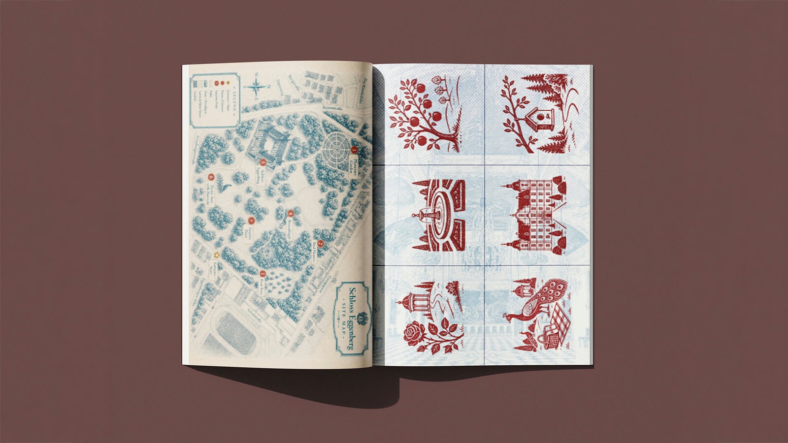Open passport spread showing a park map beside a set of red illustrated stamp designs.