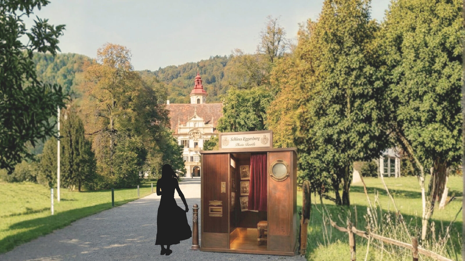 Concept image of a photo booth installed on the path toward Schloss Eggenberg.