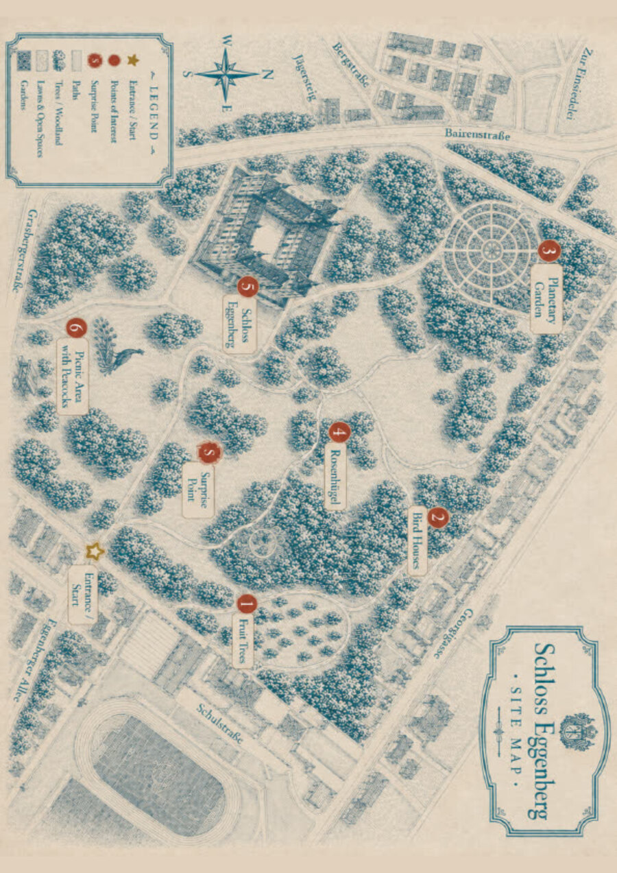 Passport page with a pale blue map of the Schloss Eggenberg park and numbered stamp stations.