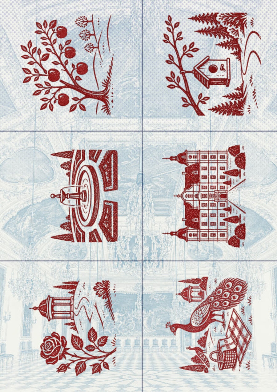 Six red illustrated stamp designs for Schloss Eggenberg park locations.